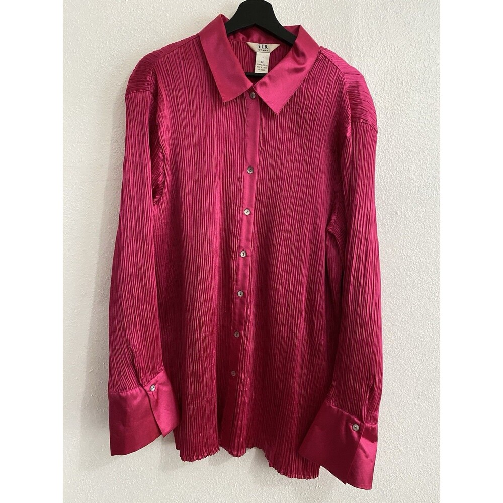 SLB Woman Plus Long Sleeve Crinkle Stretch Hot Pink Blouse 3X K12